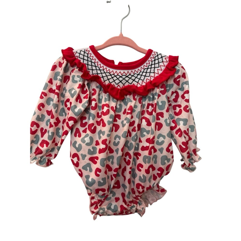 Marie Nicole Size 0-3 Red and Pink Cheetah Machine Smocked Bubble Romper Girls